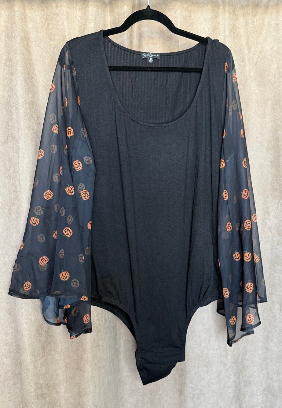 Unique Vintage Black Chiffon Jack O Lantern Pumpkin Halloween Bodysuit 4X NWT